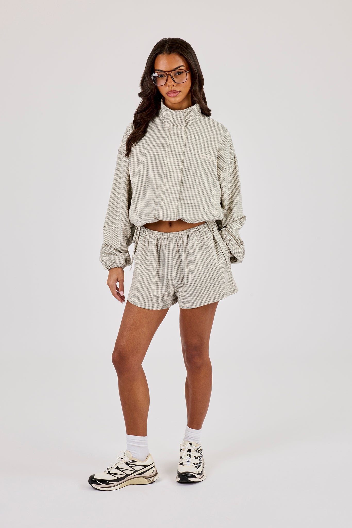 Check Twill Funnel Neck Jacket & Short - Off White